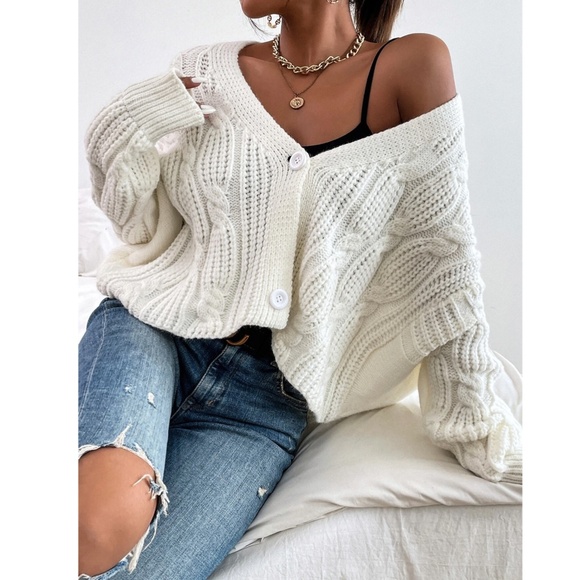 White Cable Knit Button Front Cardigan - Picture 5 of 7